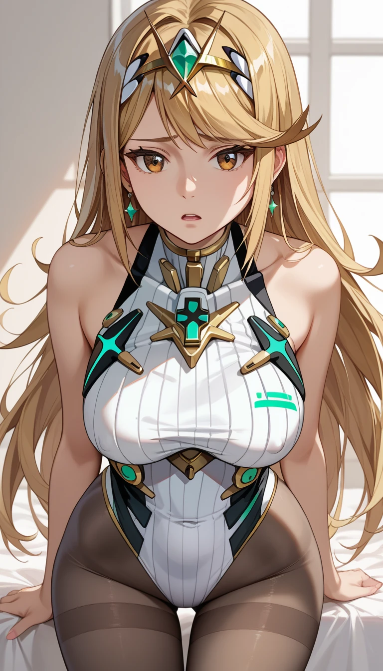 (masterpiece), best quality, (HD), (8k), 4k, HD, FULL HD,(((1milf:1.0))), extremely detailed, HDR, perfect face, mythramm, tiara, earrings, chest jewel, sleeveless, white skirt, elbow gloves, thigh strap, pantyhose, perfect anatomy