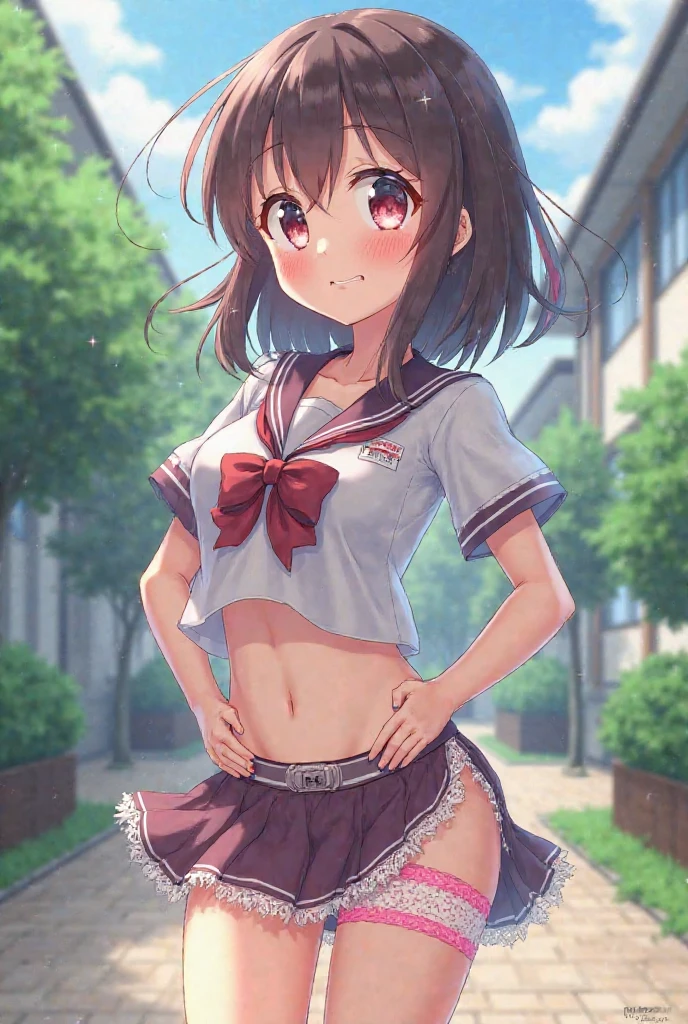 1 girl, only girl, solo, ichika, ((ichika amasawa)), mangita hair, pigtails, ((very short bikini))), barefoot, red ribbons in her hair, braids, yellow eyes, good anatomy, 2 perfect hands , 2 perfect muscular legs, Looking at viewer, smile, standing, full body photo
