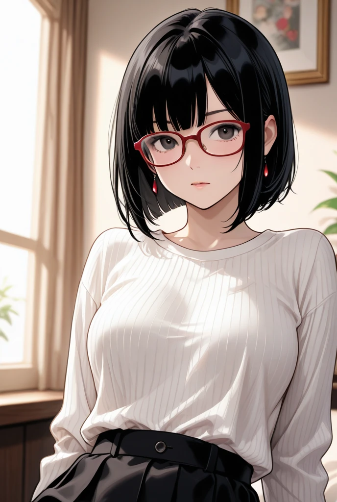Black hair. Short hair. Anime girl. Asian girl. Ulzzang. Glasses. Smile. Cleavage.