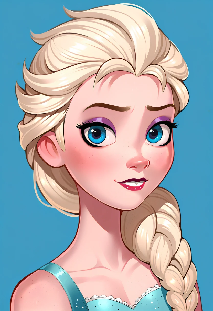 score_9, score_8_up, score_7_up, BREAK shadow, portrait, blue background, 1girl, solo, elsa \(frozen\), dress,