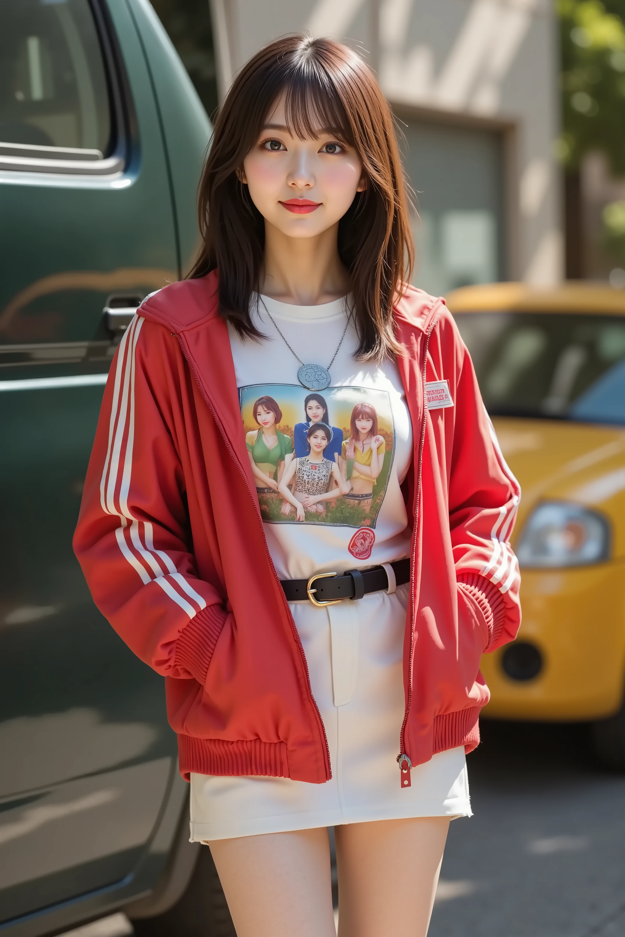 firm breast, by adjusting the framing so the subject's full head is visible within the composition, with the crop showing only from just above the bust to slightly above the top of the head. Ensure there is a comfortable amount of background space above the head to establish spatial context. a highly detailed and realistic digital illustration of a casually dressed young woman standing in an urban setting near a vehicle door, by adjusting the framing so the subject's full head is visible within the composition, with the crop showing only from just above the bust to slightly above the top of the head. Ensure there is a comfortable amount of background space above the head to establish spatial context. She is wearing a red zip-up windbreaker jacket with ribbed cuffs, front pockets, and white double stripes running across the upper chest and sleeves.
Under the jacket, she wears a white graphic t-shirt featuring a colorful design with stylized figures and text. The shirt is tucked into a high-waisted white mini skirt, secured with a black belt. The skirt has a clean shape and smooth finish, with subtle folds forming near the hem. The contrast between the printed tee and the solid outer layer creates a laid-back streetwear vibe.
The red jacket is slightly oversized with relaxed shoulders, contributing to the casual look. Its surface catches daylight, casting highlights and shadows along the creases. The collar is flat, and the zipper is left open to show the full print of the shirt beneath.
She stands next to an open vehicle door, partially framed by the edge of the car. A dark green vehicle is parked beside her, its glossy paint reflecting nearby shapes. In the background, a yellow car adds another layer to the city environment. The setting is lit by direct sunlight, which creates sharp contrasts and enhances the textures of clothing, metal, and pavement.
The scene captures a clean, modern city moment focused on bold colors, soft urban light, and relaxed fashion cho