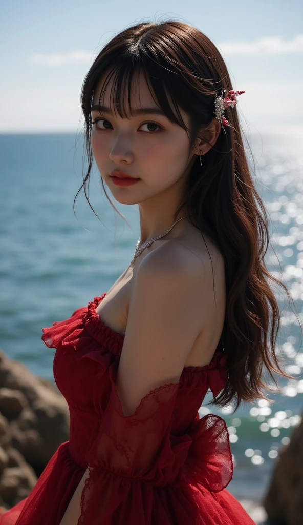One girl, Off-shoulder red shirt, Red tight skirt, Red choker, (Brown Hair: 1), (At the Beach), (big: 1.2), Viewer Perspective, RAW Photos, (photoRealistic: 1.37, Realistic), High-definition CG integrated 8K wallpaper, (Thin body: 1.1), (big: 1.2), ((Straight from the front)), (high qualityスキン: 1.8, Shiny skin), 8K Ultra HD, Digital SLR, Soft lighting, high quality, Film Grain, Fujifilm XT3, ((Upper Body: 1.6)), (Professional Lighting: 1.6)