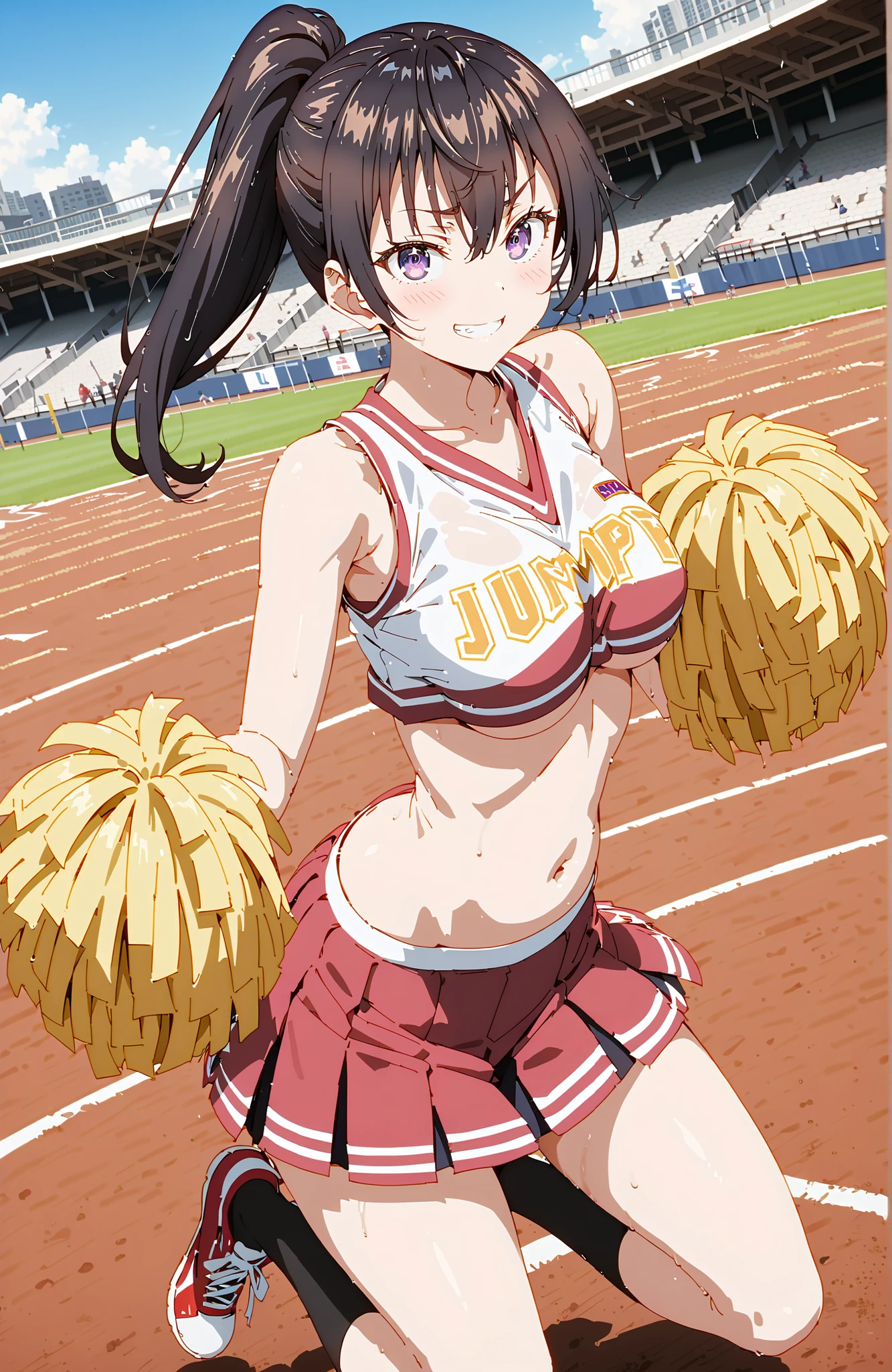 score_9, score_8_up, score_7_up, source_anime, yuki suou,side lock, bungs, brown hair, black hair, hair between eyebrows, purple eyes, ponytail,smile,blush,grinning,Medium breast,(cheerleading), (full body), on chest, (sweated), sweated Wet Clothes, (white clothes),Sleeveless, pleated skirt,black socks,sneakers,belly button out,Under boob, playground, (jump), (jump),両足を曲げてjumpする, , blue sky, Compa, smile,cheerleader, Pom-pom \(cheerleading\) real hair ornaments,full bodyがイラストに入るように,break looking at viewer,full body,
break outdoors,stadium,,
break (masterpiece:1.2), best quality, high resolution, Unity 8Kの壁紙, ( illustration :0.8), (beautiful detailed eyes:1.6), Highly Detailed Face, perfect lighting, Highly Detailed CG, (perfect hand in h, perfect anatomy),