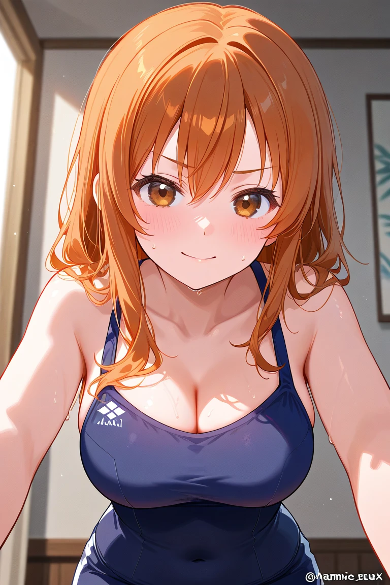 mastute piece,Best Quality,insanely detailed,8k cg,nsfw,
(shoot upper body:1.3),
(1girls:1.3),standing,looking at viewr,body in front,both arms behind back,(school competition swimsuit:1.3),(bare breasts:1.1),(bare nipples:1.1),
break,
blush,shy,(ecstasy face),(trembling:1.2),break,(light orange hair:1.2),
break,
perfect breasts,perfect teats,(open mouth:0.9),(large breasts:1.2),
(poolsaid)、