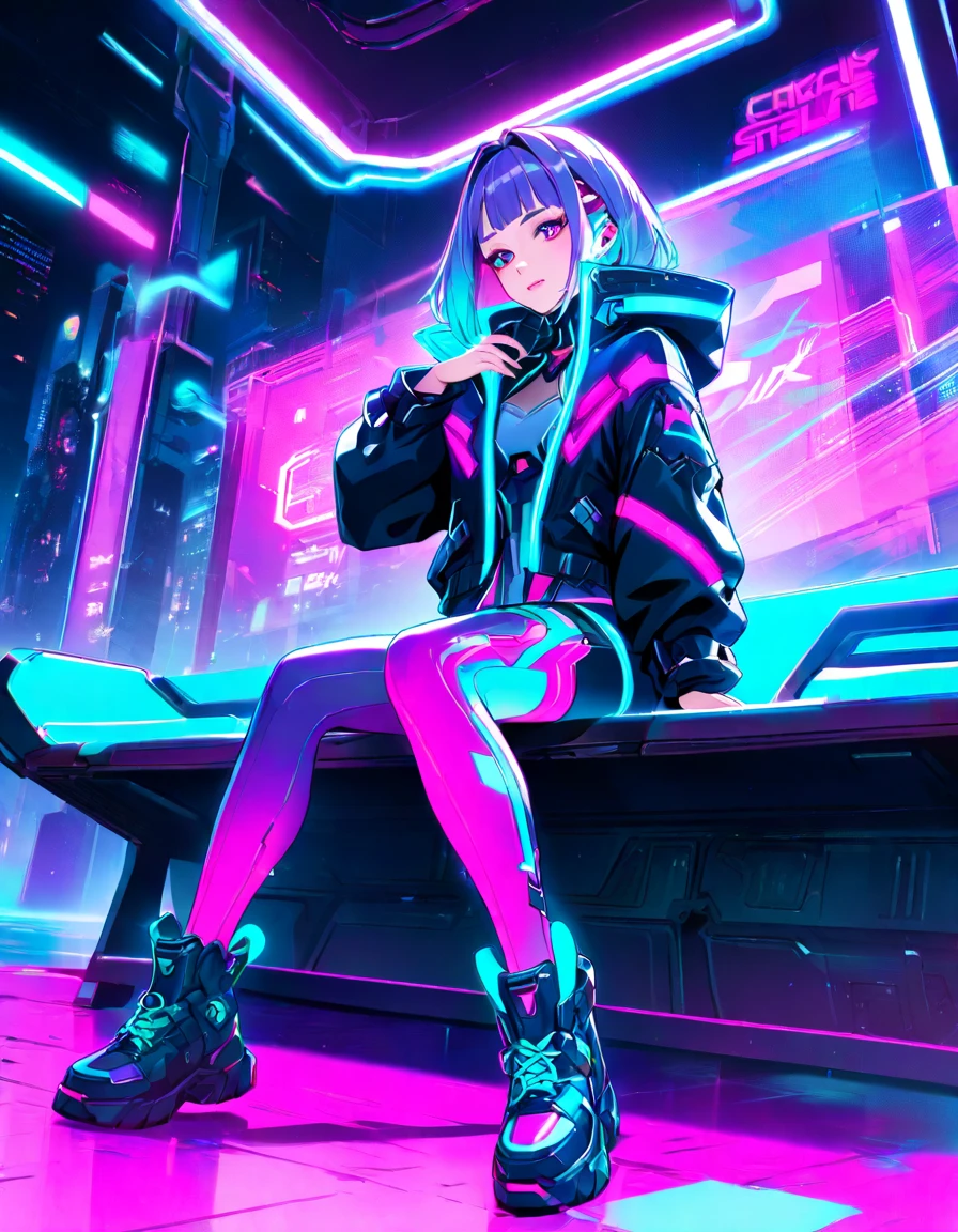 ​masterpiece, top-quality, 1girl in, The upper part of the body,Historical Background: Cyberpunk cities of the near future、country: Nucor City、hairstyle on: Long, neon-colored hair、garments: Cyberpunk bodysuits、shoe: High-tech sneakers、accessorized: LED lit necklace。