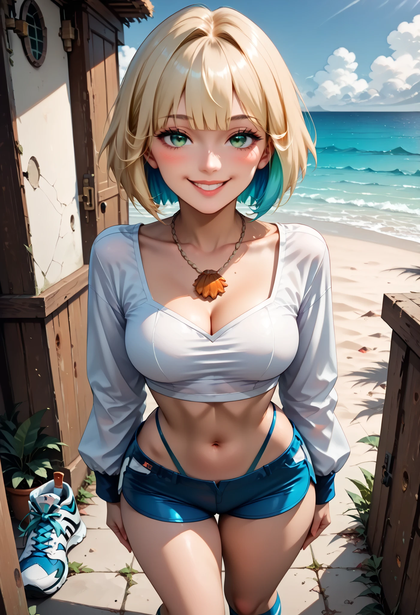 (best quality:1 . 3) , (4K quality) , masterpiece , best quality , high res , detailed , (Detailed face:1 . 2) , (Detailed eyes:1 . 2) , (Perfect figure:1 . 2) , score_9 , score_8_up , score_7_up , score_6_up , (dynamic angle)) , (((wide view))), ((ultra quality)), ((Masterpiece)), ((((((jackiel , blonde hair , 1girl , green eyes , solo , multicolored hair , short hair , white crop top, shell necklace , bangs , long sleeves , blue shorts , tight shorts , highleg thong , smile , socks , sneakers))))), ((((seductive pose , sexy pose , cowboy pose , hourglass figure)))) , ((precise face and eyes:1)), leaning pose , back shot , back shot , very sexy poses , provocative poses , sexy poses , round breasts, , blushing , cleavage , sexy , arms crossed , thrilled smile , thick thighs , hands on hips , puckered lips , beach vacation , summer getaway , relaxed atmosphere , cinematic lighting , sunset , detailed background ,