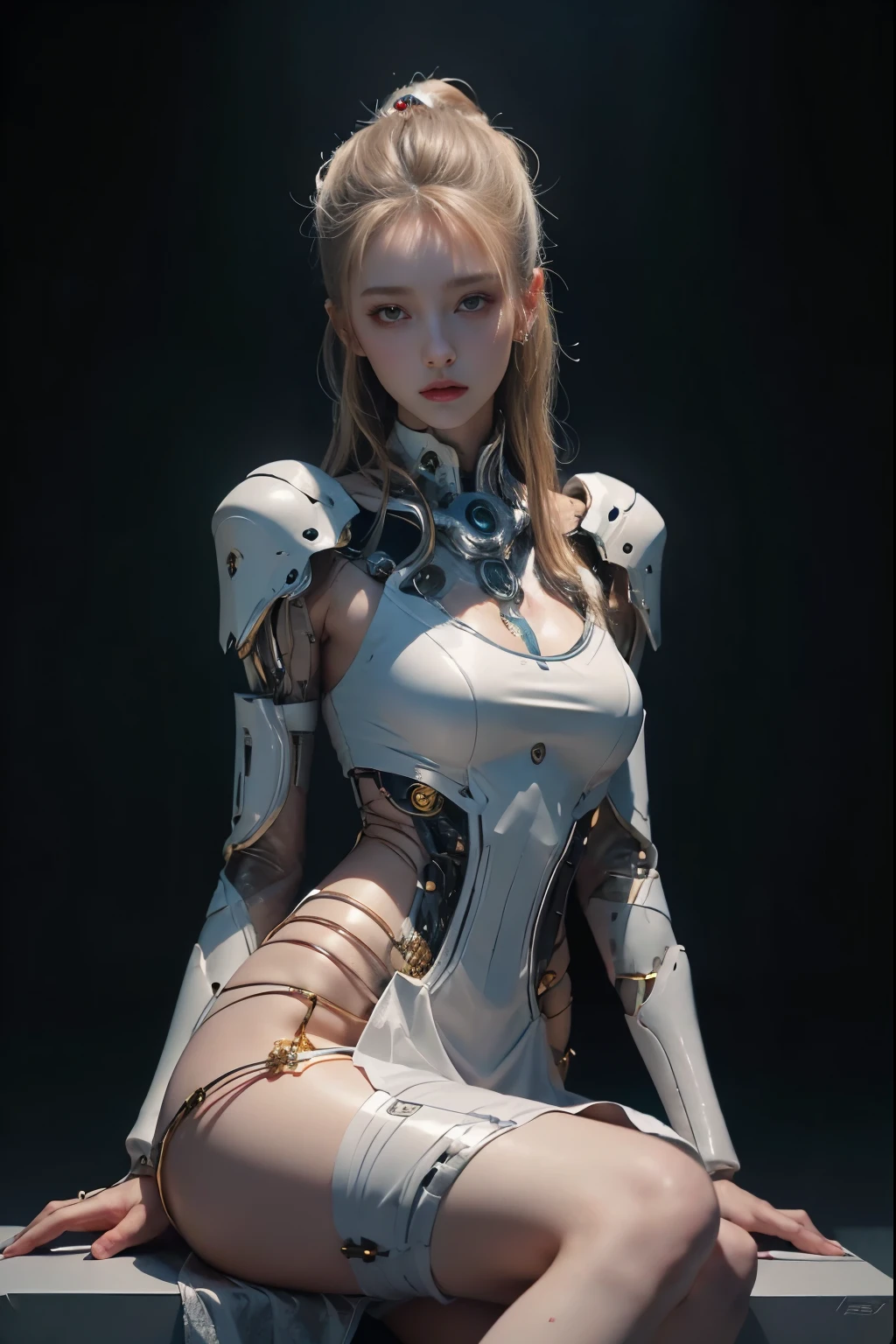 woman in futuristic costume sitting on a chair, , Female body, beautiful white skinned girl, a beautiful girl, 完美的cartoon女性, , mechanical cyber armor, Perfect Android Girl , cute girl, Perfect Woman, Rendered by Unreal Engine + welcome, cartoon