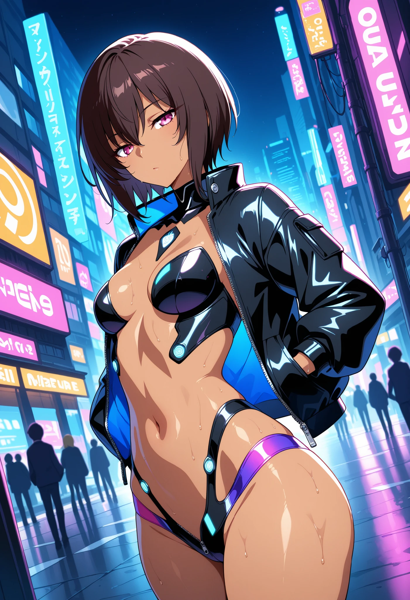 portrait of emb-haiz, pretty face, Cyberpunk city at night. She&#39;s wearing a cardigan leather jacket,micro bikini,  black jeans, dramatic lighting, (badge:1.2).