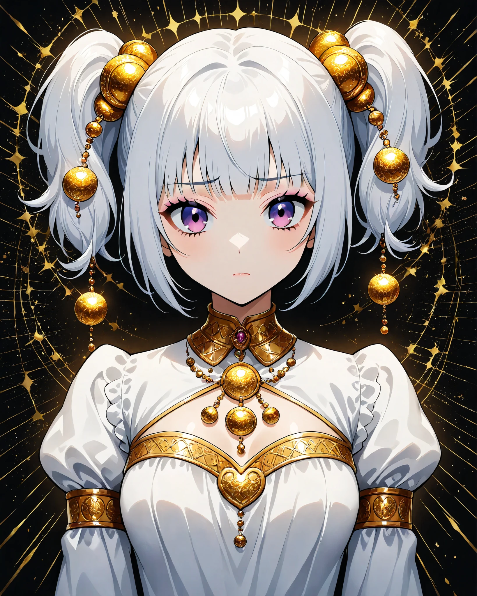 1Mulher. short hair. white hair. Pigtails. gold ornaments in Maria Chiquinha. Clothing Sleeves: pretas. Vestido: White top. Chest-length image. purple eyes. sad expression