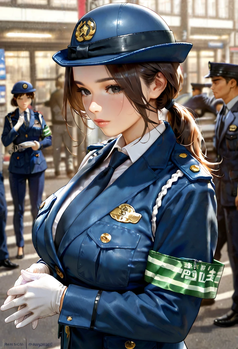 Officer uniform、cabellos largos dorados、ssmile、short  skirt、whitegloves、hand gun，teens girl
