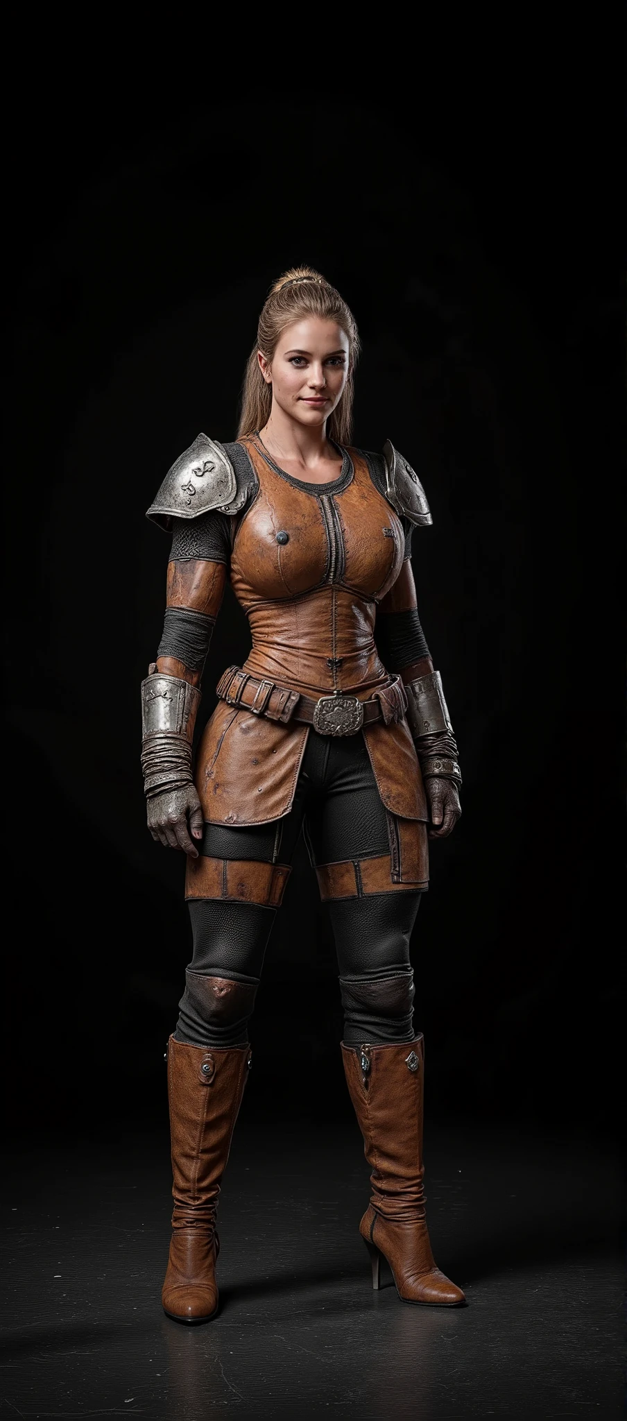girl in lightweight worn leather armor , cheerful smiling look, Highly detailed, absolutely black background