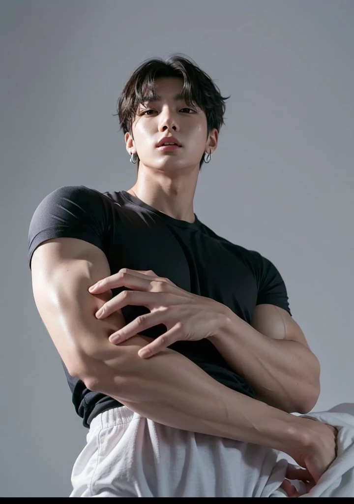 Masterpiece, Best Quality, Solo, Korean Men with big muscular,wide shoulder,big tricept, studio simple background, Natural eyes, Short and delicate red hair, Sexy Man, looking up at the viewer,black COTTON T-shirt,black leather pants with belt, Small plots, Standing, Muscular posture,