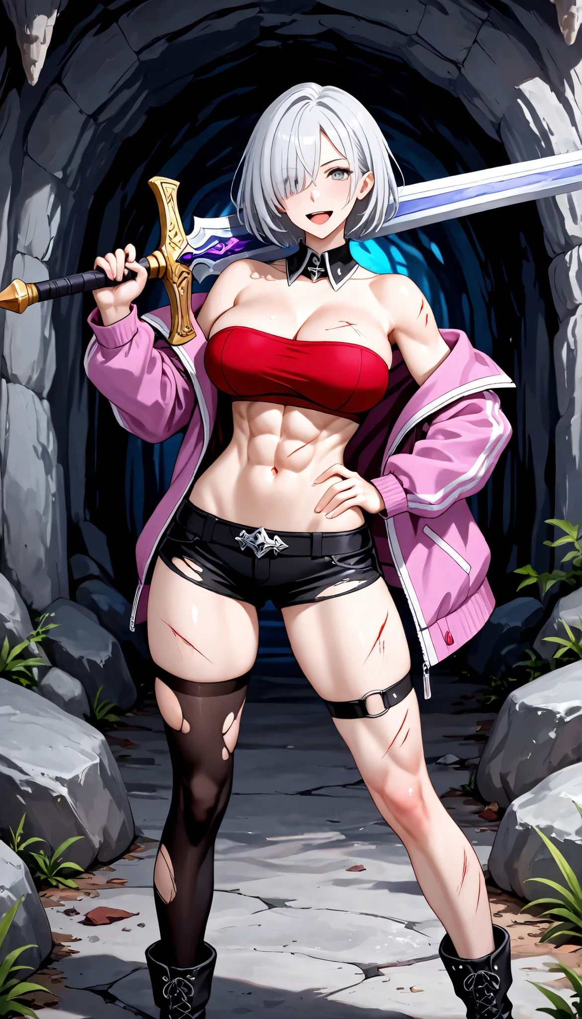 1girl,breasts,strapless,weapon,solo,purple jacket,jacket,thighhighs,injury,hair over left eye,bandeau,holding,tube top,holding weapon,navel,short hair,cleavage,shorts,single thighhigh,fantasy style great sword,large breasts,toned,black shorts,hand on own hip,holding fantasy style great sword,midriff,cuts,short shorts,grey hair,open clothes,full body,smile,scratches,detached collar,open jacket,torn clothes,right leg black thighhigh,thigh strap,red bandeau,underwear,torn thighhighs,looking at viewer,bra,off shoulder,abs,crop top,grey eyes,boots,open mouth,white hair,black footwear,pink jacket,Cowboy shot,Standing in front of a cave