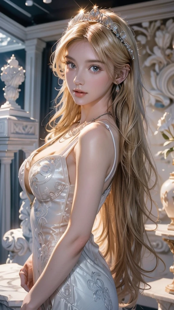 Create a hyper-realistic digital illustration of Isadora, a young woman with long, wavy golden hair cascading to her waist, deep blue eyes, and flawless pale skin. She wears elegant, ancient-style clothing adorned with silver details and subtle jewelry, exuding an aura of mystery and grace.