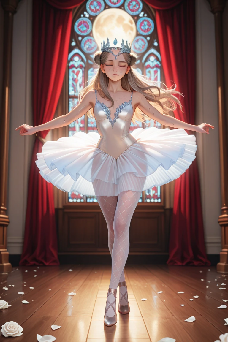 masterpiece, raw photo, 8k, hyper realistic, ((high detail on face)),cinematic lighting, octane render, grand ambience, In a grand dancing studio, a young beautiful ballerina , ((dressed in a pristine white leotard and delicately tied ballet slippers)), gracefully perfects her ballet routine, ((her flowing chestnut hair and petite frame radiating beauty and elegance)) as she glides across the mirrored floor