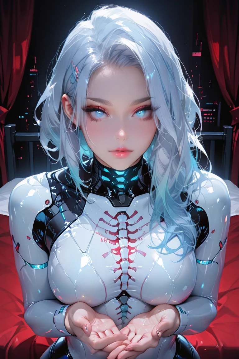 full-body shot,25-year-old girl,Silver hair,gray hair,Medium breasts,cleavage,White skin,pink eye shadow,Gray Eyes