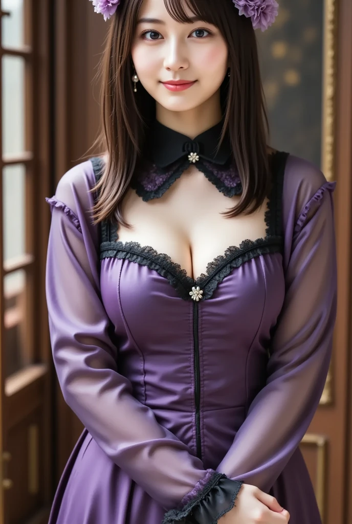 1 woman, brown hair, long hair, purple eyes, parted lips, smirk, dark purple dress, long sleeve, medium sized breasts, cute, gorgeous woman,