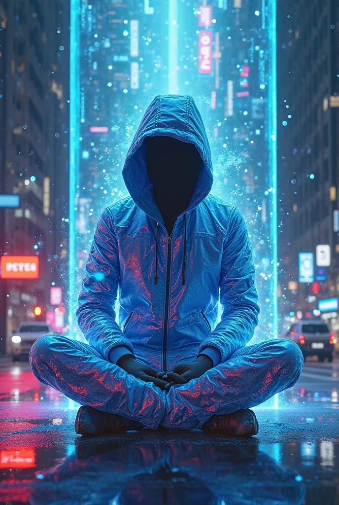 hyper realistic, Full body shot of an 1 hologram spirit, ambiguous gender, electric jacket, blue hood, hidden face, glitch, flying, solo, screens, (cyberpunk0.8), futuristic, sci-fi, masterpiece, best quality, amazing quality, very aesthetic, absurdres, newest chromatic_colors, fairytale_landscape, cute_creature, multicolored_fur, unicorn, sitting, her form glitching and fracturing as if caught between realities. Exiting a portal. His skin appears to shatter like glass, revealing a digital void beneath, with pixels and binary code spilling out. The glitch effect is intense, with vibrant neon colors (electric blue, magenta, and cyan) distorting her figure, creating a surreal, otherworldly atmosphere. The background is cityscape, reflecting the glitching effect. 
(schizophrenia, split personality, surrealism, digital art, cyberpunk aesthetic, psychological horror, ultra-realistic details, dramatic lighting, high contrast, vivid colors, intricate textures), showcasing intricate details throughout, Cinematic, beautiful, vibrant, masterpiece, 32k, ultra HD, ultra-detailed, amazing quality, amazing artist, sharp edges, detailed textures, full view, atmospheric lighting, amazing visuals