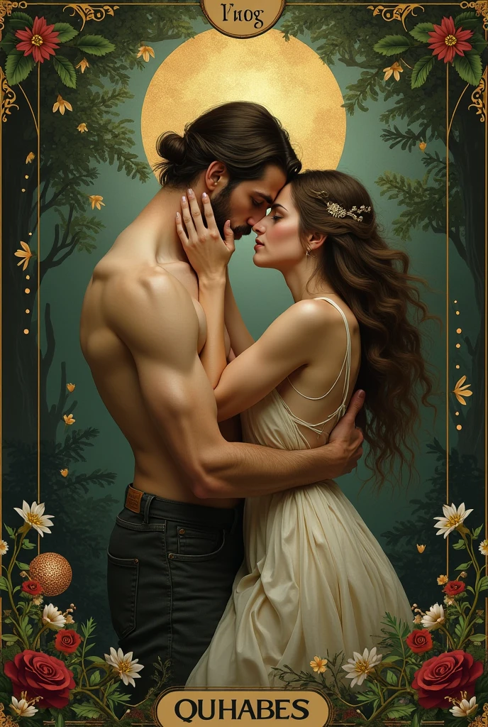 A beautifully rendered tarot card, "The Lovers," with a distinctly erotic twist. In the foreground, a nude couple, their bodies entwined in a passionate embrace, stand upon a velvety red cloth that drapes down from the sky. The man, muscular and with chiseled features, holds the woman, her skin a soft alabaster, with the same intensity, their eyes locked in a fiery gaze that speaks of an unbridled desire. She wraps her legs around his waist, her hands exploring the contours of his back as they kiss deeply. Behind them, a lush garden blooms with vibrant flowers and greenery, symbolizing fertility and the blossoming of love. Above the couple, a golden Cupid hovers, his bow and arrow at the ready, representing the divine spark that ignites passionate love. The background is a soft, swirling mix of pastel colors, with a full moon peeking through clouds that cast a seductive glow on the scene. The border of the card is intricately designed with interlocking hearts and vines, adorned with more sensual imagery of lovers in various stages of intimacy. Each detail is meticulously crafted, from the beads of sweat on the couple's skin to the flutter of Cupid's wings, creating a visual narrative that captures the intensity and raw emotion of an erotic encounter imbued with deep love and spiritual connection. The overall effect is a stunning and captivating depiction of carnality and affection intertwined, inviting the viewer to contemplate the complexities of desire and the power of love. the cards number is IV