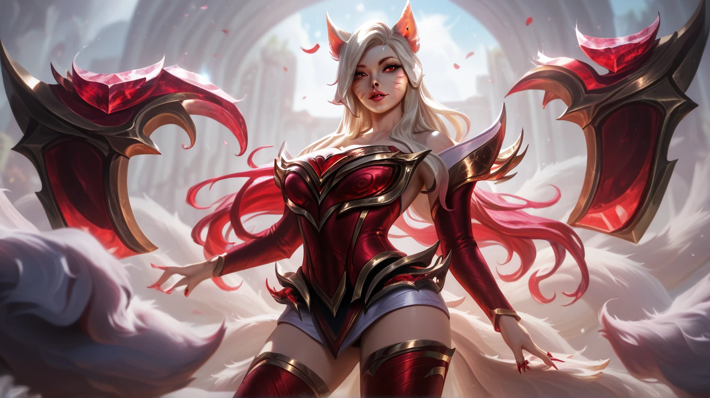 lolstyle, art style, 1girl, solo, long_hair, breasts, looking_at_viewer, smile, bangs, large_breasts, red_eyes, gloves, animal_ears, cleavage, medium_breasts, very_long_hair, closed_mouth, tail, ponytail, white_hair, red_hair, boots, alternate_costume, pants, signature, armor, blurry, from_side, lips, fingernails, fox_ears, bodysuit, makeup, leaning_forward, alternate_hairstyle, floating_hair, fox_tail, glowing, headgear, facial_mark, leg_up, cleavage_cutout, helmet, outstretched_arms, outstretched_arm, lipstick, slit_pupils, shoulder_armor, gauntlets, multiple_tails, gem, claws, light_particles, pauldrons, running, realistic, nose, vambraces, red_lips, magic, space, alternate_eye_color, alternate_hair_color, whisker_markings, forehead_jewel, faulds, orb, forehead_protector, energy, energy_ball, ahri_(league_of_legends)