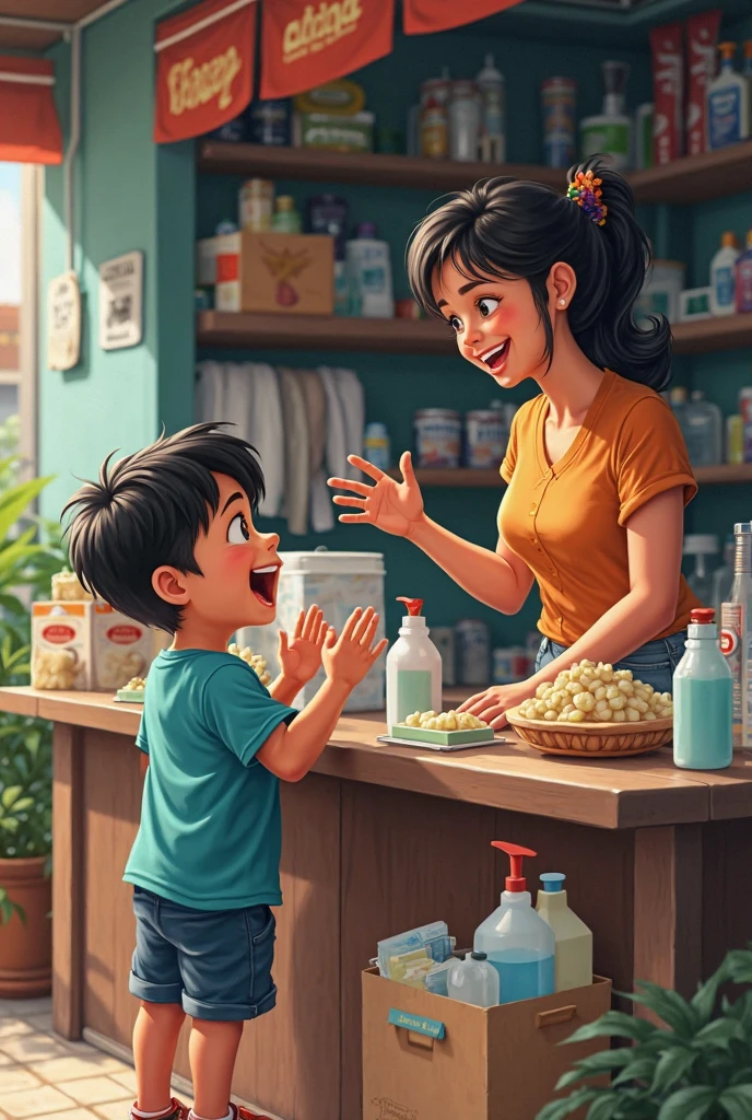 Draw a child asking the seller to fix a Lays potato chip in a store, realistic art