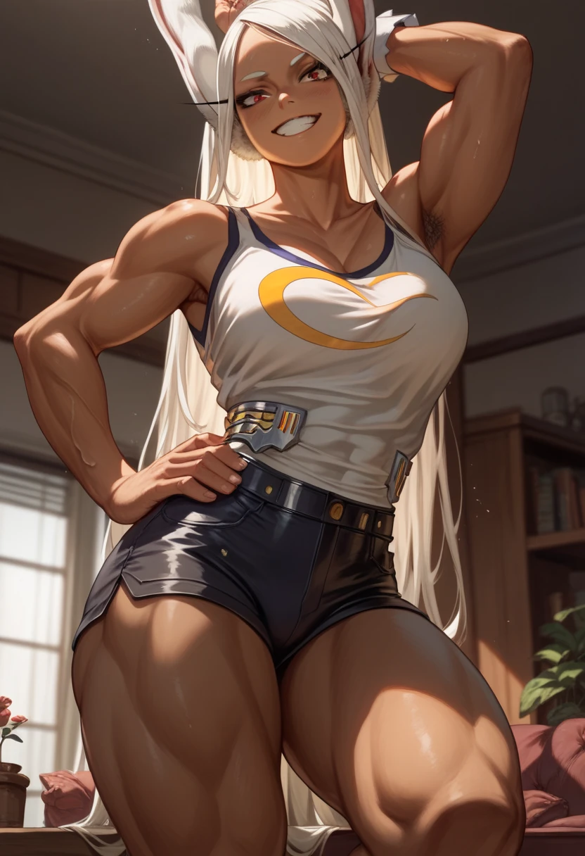 in a living room, one hand on hip, seductive smirk, medium breasts, wide hips, big ass,Miruko,standing, blushing,sweating