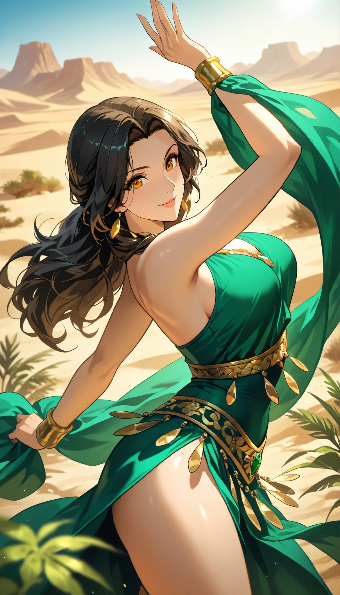 high resolution, major, vivid color, mature women, Persian style, green gold costume, Medium length dark hair, amber eyes, Calm demeanor, Desert Landscape, golden sunshine, green vegetation, Persian style, dancing, Dancer, anime style, depth of field, portrait photography, 4k
