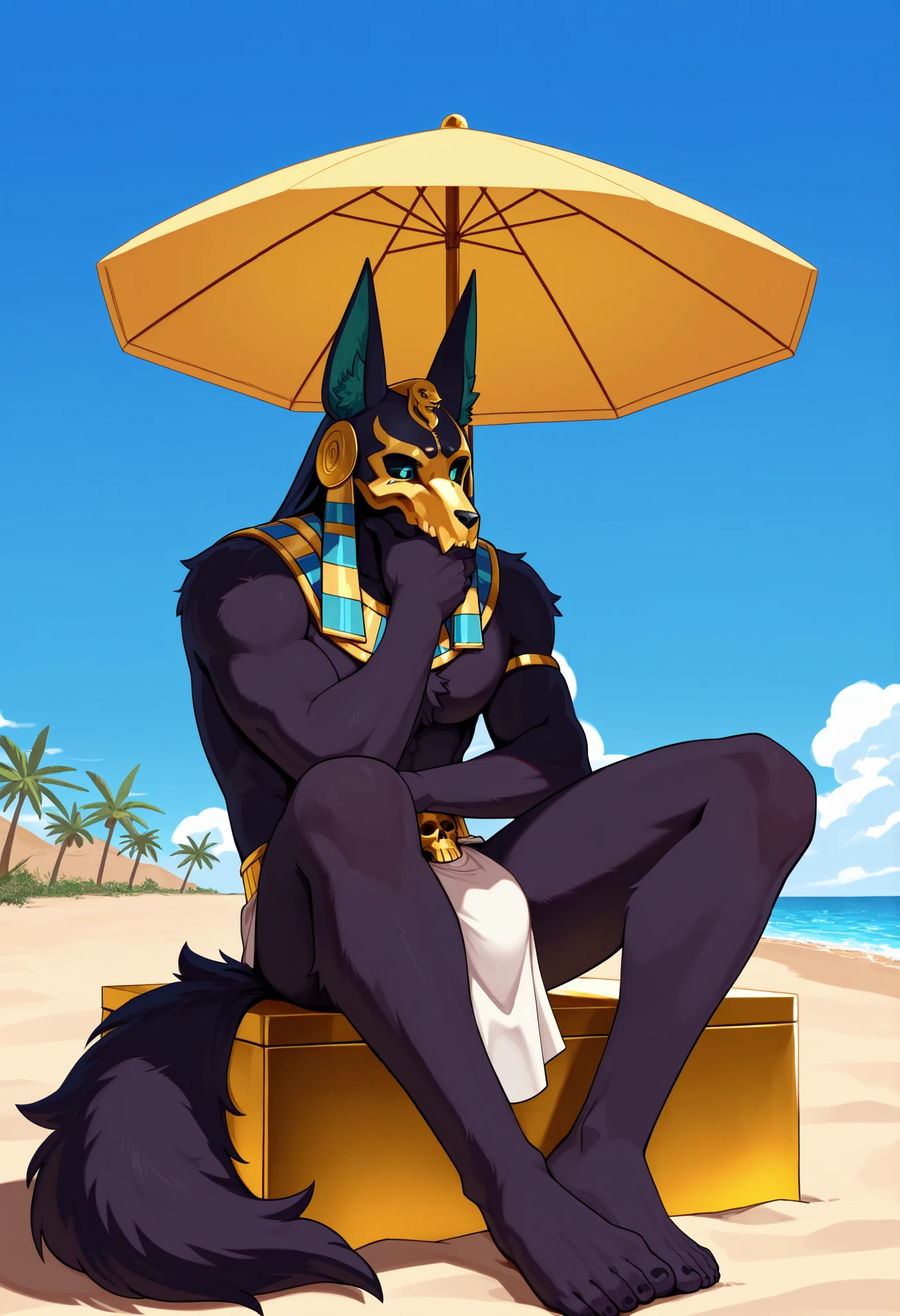 [by juiceps], [by chunie], [by wizzikt], [by zackary911], [by photonoko], [by seibear], [by, redjiit], [by rajii], [by coffeesoda], [by oro97], anubis:1.9, anthro, black fur, red penetrating eyes, beautifull body, loincloth, bulge, big bulg