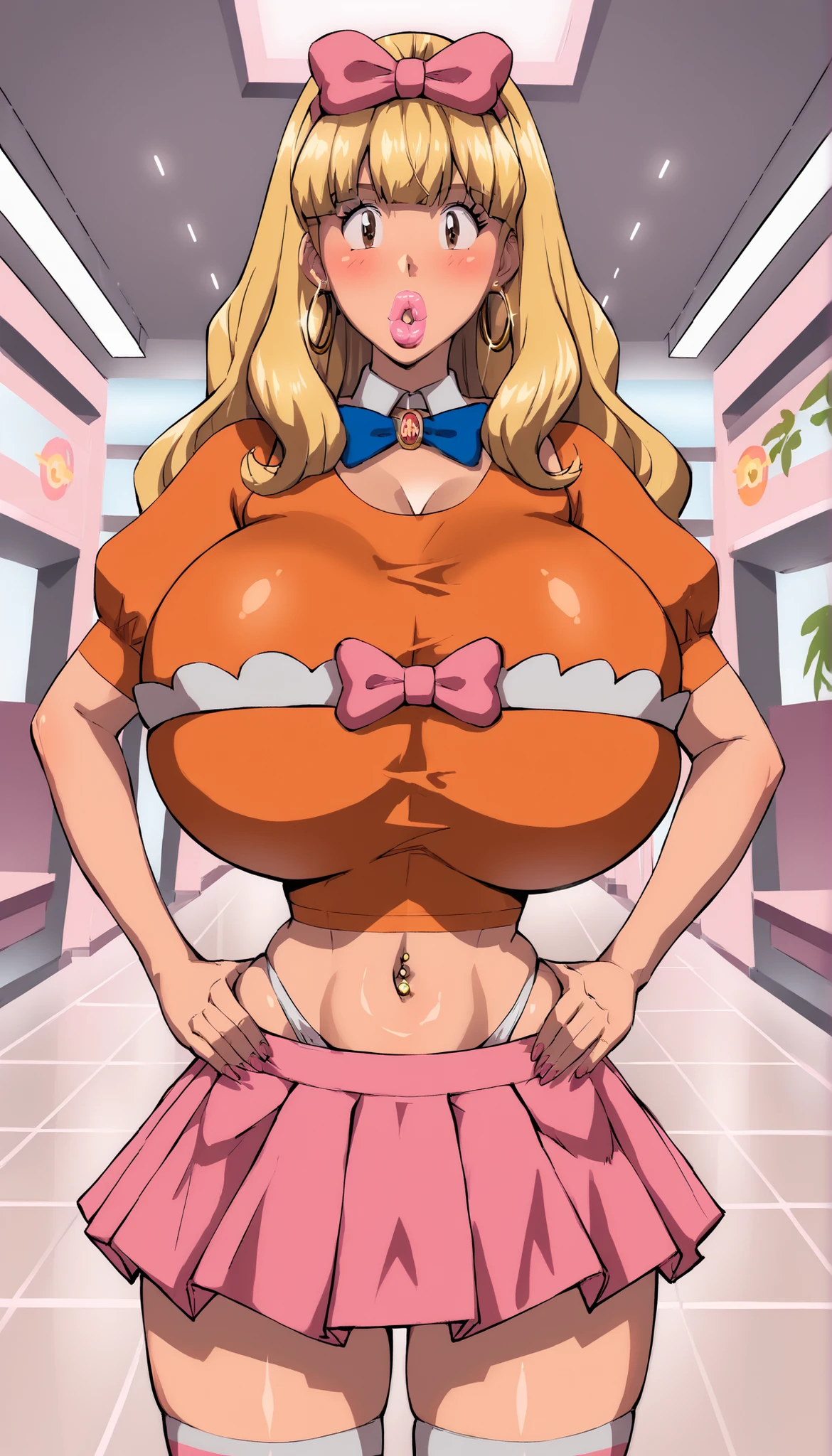 (Reiko Akimoto), (naked, pink skirt), embarrassing big smile, (masterpiece, best quality), delicate illustration ultra-detailed, (h(sagging gigantic huge breasts))), (in street, crowded), ((showing hairy armpit hair)), (upper body only), sweating, hand behind head, hairy stomach hair, bukkake, cum shot, hentai atmosphere, blonde, huge butt, (dark nipples), 8k, anime