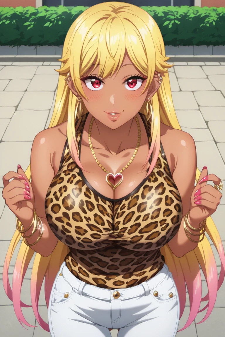 gyaru ,huge breast, bodycon, sexy, blonde hair,dark skin, leopard print, solo, 1girl,high quality,highres, long hair,standing,holding breast,upper body,closed mouth,thigh highs,nsfw, tattoo,