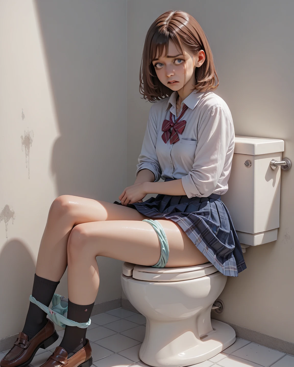 Raise your legs and hang in the air，Обнажайте soles of feet、Lie, Turning away the hips、soles of feet、M-shaped legs、Woman spreading her legs、Clothes melt、masterpiece、1 person、solo、braids、Torn clothes 、Cep、A ruined toilet、Red hair、White shirt、black tie、black shorts