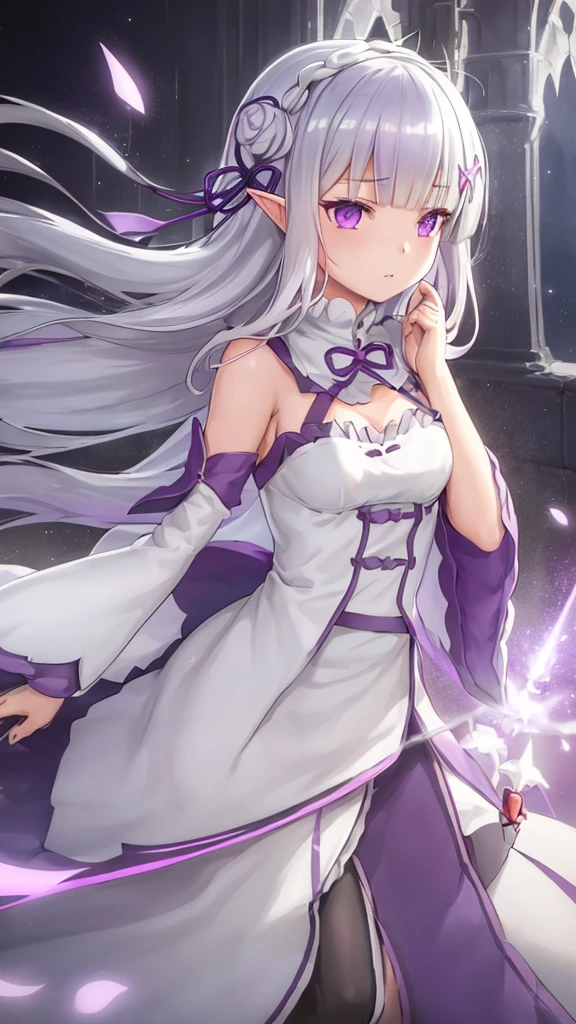 rezeroemilia, <lyco:rezeroemilia-LYCORIStest:1>, emilia, braid, crown braid, flower, hair flower, hair ornament, hair ribbon, long hair, low-tied long hair, (purple eyes:1.2), pointy ears, white flower, x hair ornament,
BREAK bare shoulders, detached collar, dress, long sleeves, low-tied long hair, navel, pink dress, shoulder cutout, thigh gap, wide sleeves,
BREAK outdoors, city,
BREAK looking at viewer, BREAK <lora:GoodHands-vanilla:1>, (masterpiece:1.2), best quality, high resolution, unity 8k wallpaper, (illustration:0.8), (beautiful detailed eyes:1.6), extremely detailed face, perfect lighting, extremely detailed CG, (perfect hands, perfect anatomy),