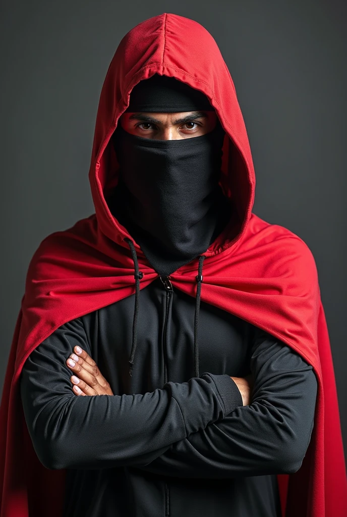 Create a black mask made of cloth cover all the head and it has a red big devil smile in it and red eyes