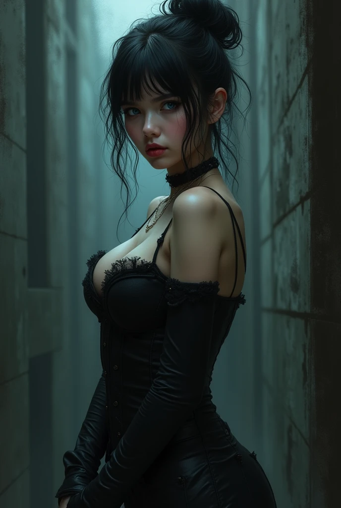 Kaori, Single model, solo, half Asian, half Latino, very long black hair in buns, freckles, blushing, wet eyes, long chain pendant, very large heavy breasts, chubby, belly, stretchmarks, purple crushed velvet dress, (best quality,4k,8k,highres,masterpiece:1.2),ultra-detailed,(realistic,photorealistic,photo-realistic:1.37),detailed portrait, cinematic lighting, natural skin texture, intricate details, dramatic colors, moody atmosphere, seductive pose