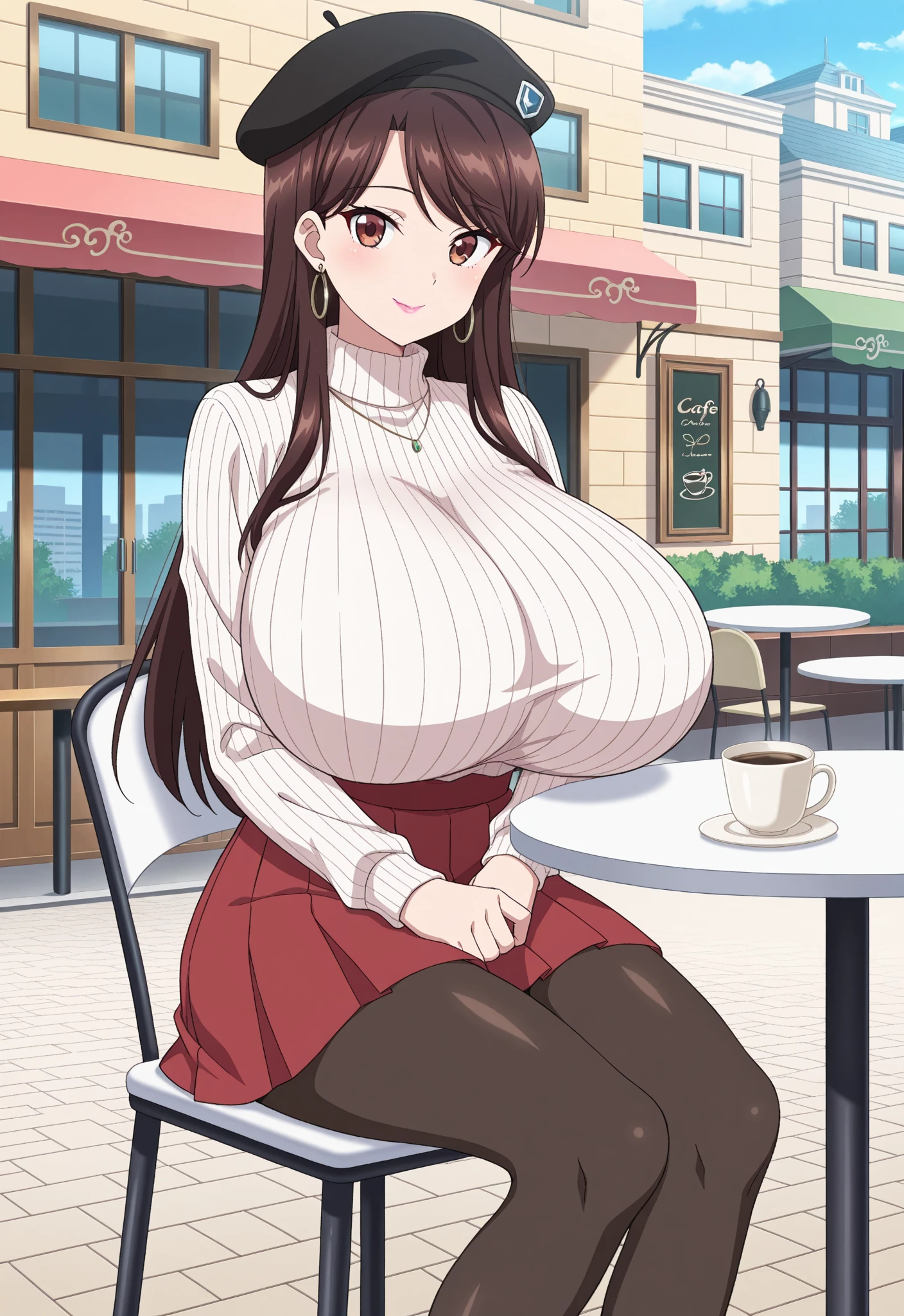 masterpiece,8k,Digital Art, ( middle aged woman,long black_hair, pony tail,pearl,pearl color summer sweater,ride on the gigantic oyster, discret smile, Cute look), (Sitting on a chair,cafe in the background, the shiny sun, morning hour),shinkai makoto illust style,huge busty upper bodystyle woman smiling,stylish back ground,slouching,