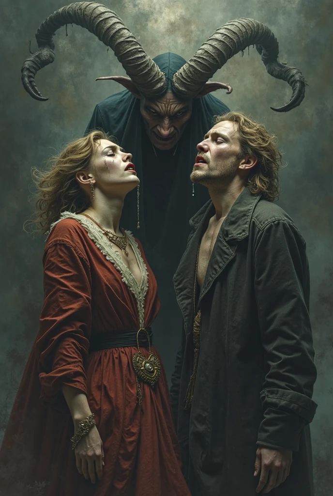 there is a woman sitting on a chair next to a man with a candle, in style the demon seated, dave mckean and stina persson, by Robert Brackman, frank dillane as a satyr, conjuring a demon, thomas eakins and beksinski, demoness, mark brooks and brad kunkle, demons, daniel, advertising photo