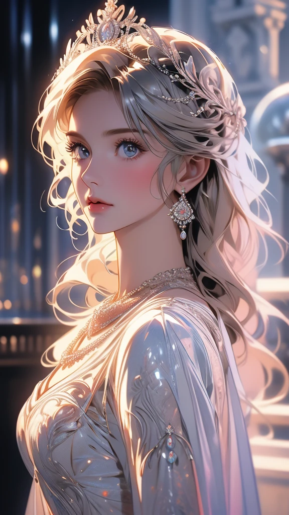 Masterpiece,highest resolution,((moon)),Wear silk clothes to cover your body..,A group of beautiful noble women,Long, elegant golden hair.,Clear purple eyes,Hair is covered with beautiful and delicate floral crafts.., crystal filigree jewelry,The details are very detailed.,raise the level,The whole world is rising up,HD,120K,Falling Flowers Background,Blur background