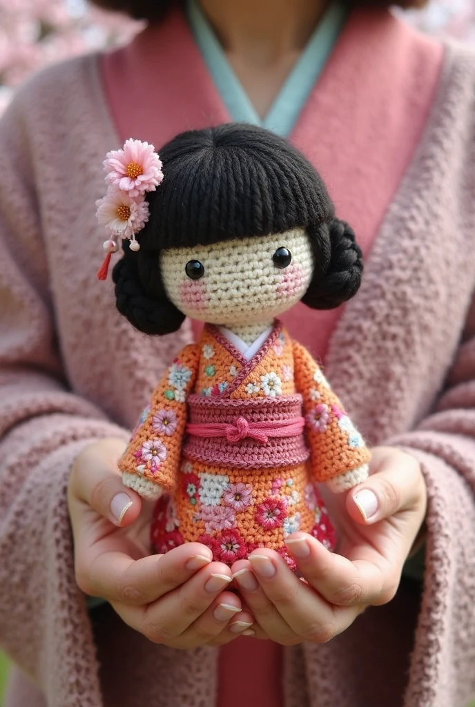 A traditional Japanese kokeshi doll amigurumi with a floral kimono, held in a woman’s hands while standing under blooming cherry blossoms. Only her hands are visible. The real yarn texture and crochet details are clearly visible.