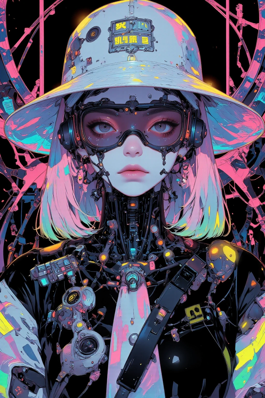 futuristic hacker female, Bob＋Mesh Color（Blue or Purple)effectively incorporate hairpins in an asymmetrical hairstyle,wear a futuristic jacket with fluorescent lines,cyber goggles and ear-hook device,  I wear headphones around my neck  ,Easy to move shorts, pure white skin,keyboard pattern tie and cord pattern gloves that hide fingerprints,Bring a laptop、Hacks,USB memory type charms and accessories at the waist,drone support robot partner,
black、 neon blue、Purple 、Use silver a lot,pink and fluorescent green accent colors create a strong futuristic atmosphere in vector art style,virtual space background with digital code flowing through cyberspace, High Contrast Illustration  ,   vector style drawing  ,猫の足跡🐾のイヤリング ,  vector artwork  ,  vector illustration  ,    vector style drawing   ,  High Contrast Illustration  , in style of   pocket digital illustration ,  High Quality Work ,hacker woman in white hat wearing lots of silver clothes ,   vector art,   pocket digital illustration,  contemporary art illustration  , Digital Art Illustration, profile artwork,