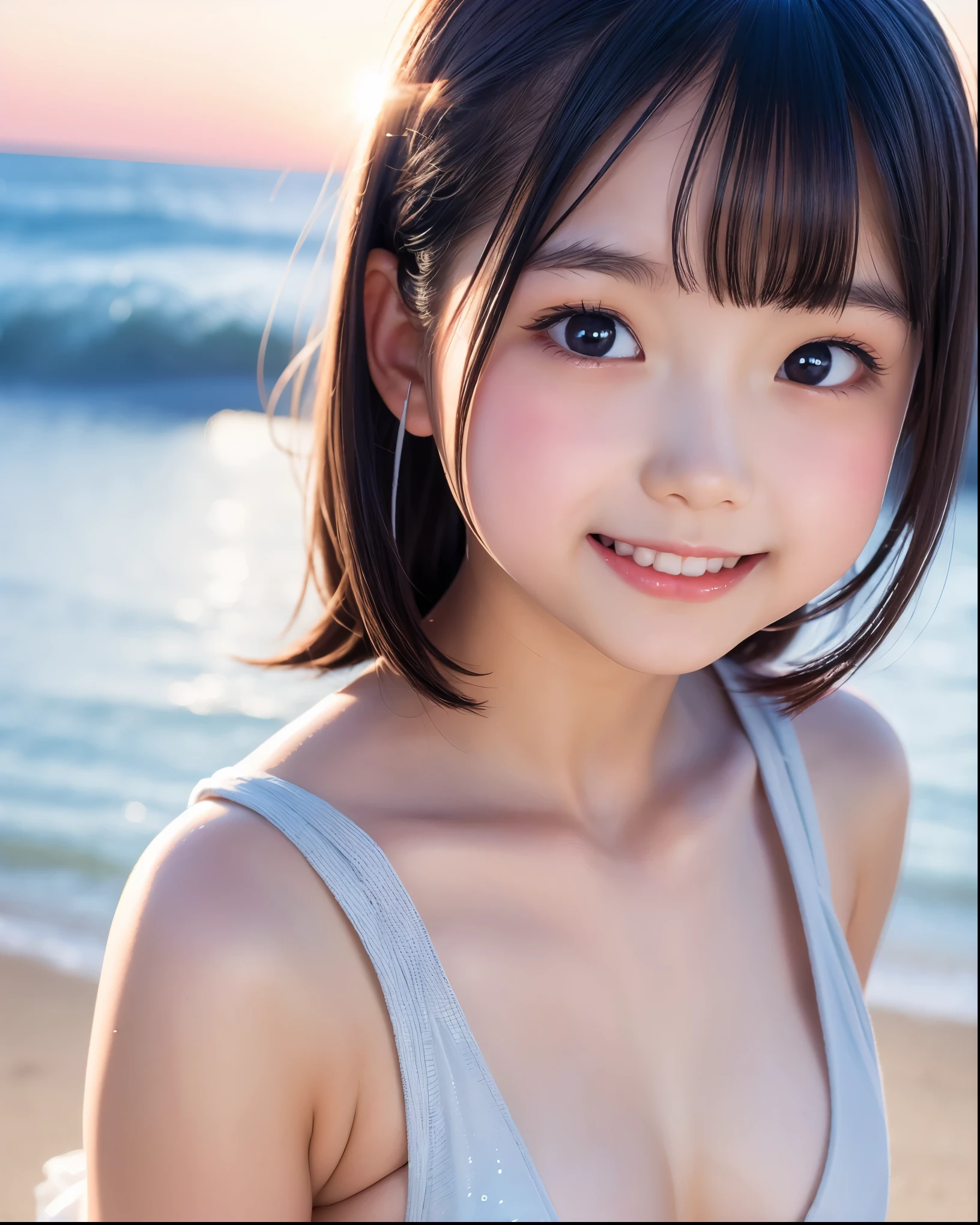 ((top-quality、Top image quality、超A high resolution))、18year old、独奏、((small tits：1.8))、flat breast、small tit、cute smile face、with round face、A dark-haired、short-cut、childlike 、Ultra-detailed and beautiful skin、Realistic and beautiful skin、Sandy beach and blue sky on background、Pink Micro Bikini、Super detailed and beautiful face、Realistic Young Gravure Idol