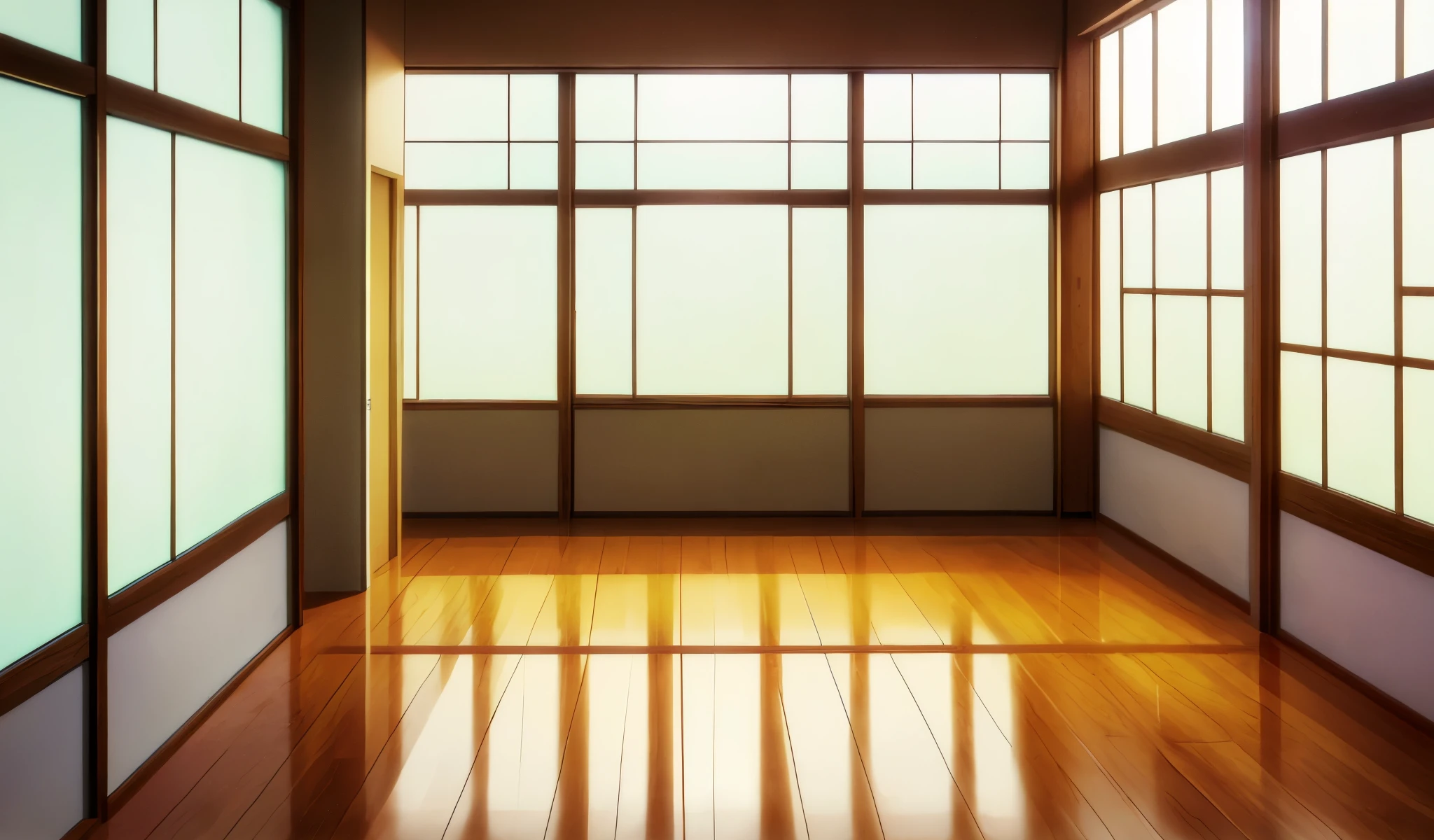 Drawn in 80’s anime art style. 
Retro anime. Vintage Anime. Classical Anime. 

Japanese High School Corridor.

The corridor stretches long and narrow, bathed in soft, natural light streaming through tall windows lining one side. The polished wooden floor gleams faintly, echoing the footsteps of students in the distance. Cream-colored walls are lined with sliding classroom doors, each with frosted glass panels that gently obscure the view inside. Sunlight filters through, casting rectangular patches of warm light on the floor.