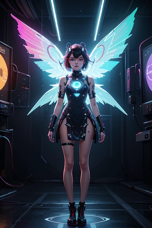 Year 2035. Hybrid physical/digital fashion: human model wearing quantum-dot dress displaying real-time NFT art, AR contact lenses projecting digital wings, accompanied by their robotic twin in matching liquid metal outfit, standing at the intersection of a physical runway and metaverse projection, glitch art effects --v 6 --ar 9:16

