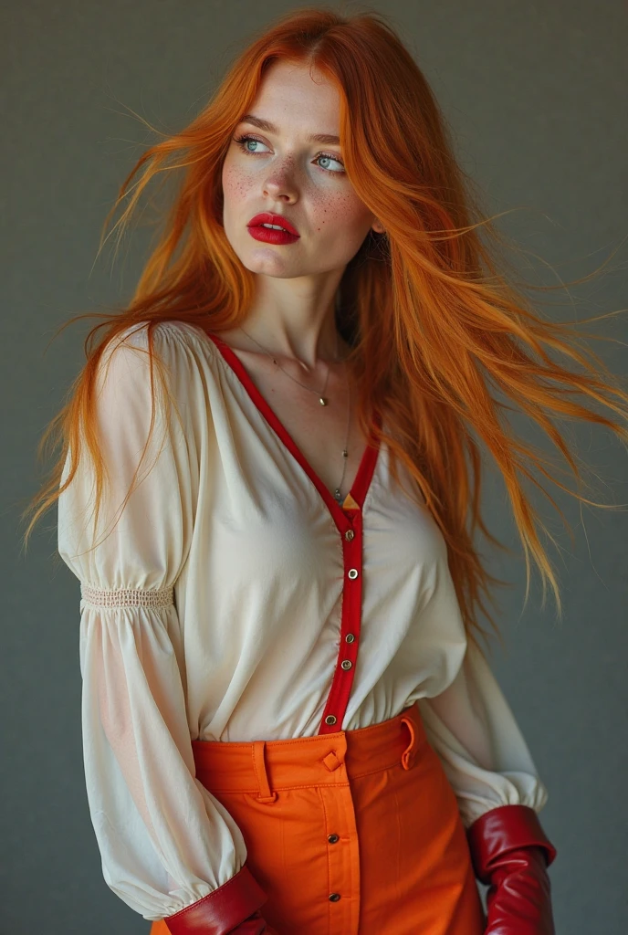 A  red-haired girl in a white blouse and a red leather miniskirt, beautiful young model, model, inspired by Ignacy Witkiewicz, inspired by Irakli Nadar, alexey egorov, film suit photo, cute young girl, LUTS, young girl, frown model, russian white clothes, Style of Julia Razumova