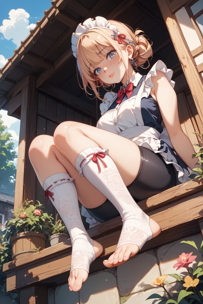 A 12-year-old girl with a cute Alice in Wonderland blonde wavy headband.、Sitting naked、She spreads her legs wide and shows her butt., anus, and small nipples.。I do not wear underwear。Pose seen from below。are small。Pose that shows your anus。 and anus are spread。Spreading legs with both hands。take off the apron dress。。NFSW