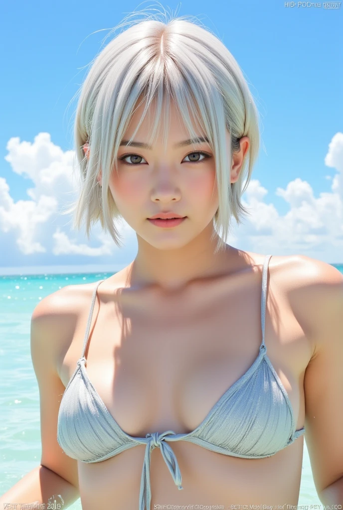 1 girl, beautiful girl, cute girl and idol face, smile, white skin, short and bob cut hair, shiny silver hair, Only one strand of hair that flips out, beautiful green, eyes, Medium breasts, beautiful body, ((white bikini swimsuit)), Summer Sea, Seaside, bathing beach, whole, Girl playing with waves on the beach,