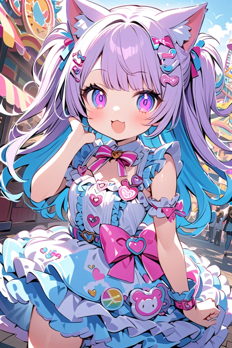 girl,((It's a Small World:1.3)),smile,Princess style from the fairy tale world,alice in wonderland,cheshire cat,close up of face,(polka dot background:1.2),red and white and pink and yellow,(look up:1.3),(NSFW:1.2),(valley)