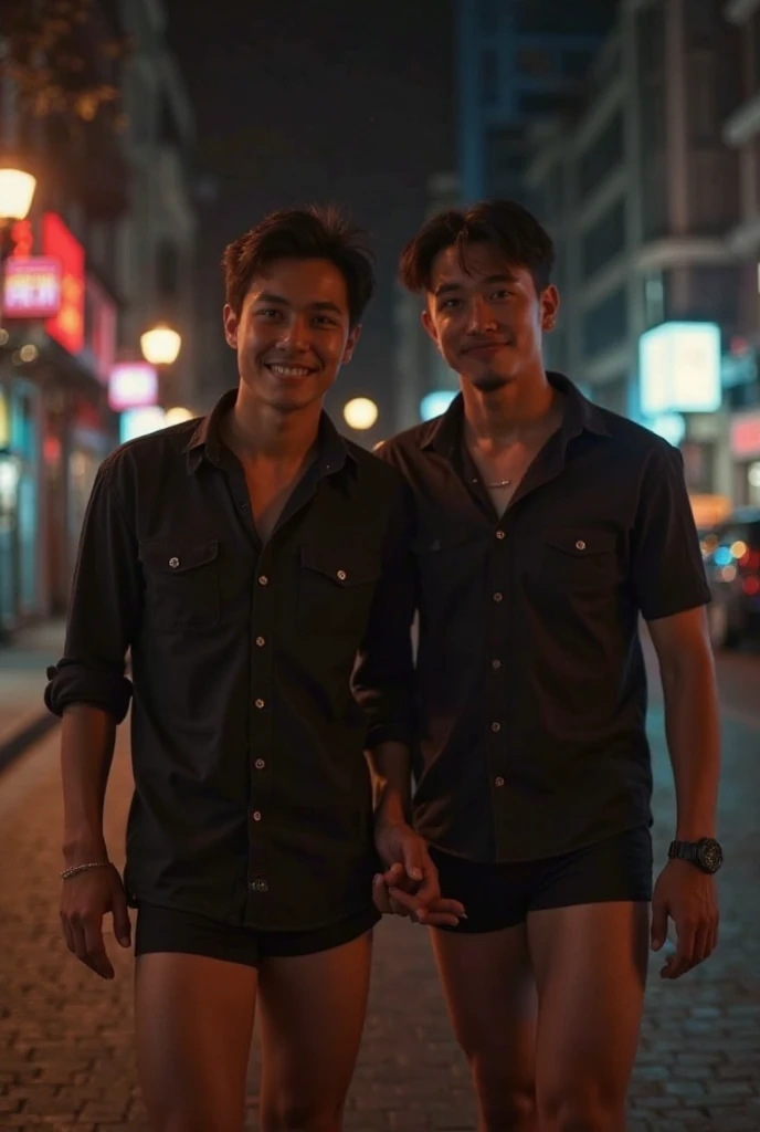 Thai handsome guy hugging a cop guy, with a little smile, a short beard, boxer pants, exposes the penis, complete penis, lust face men, park sharp eyes, white street background, Full Frame, Professional Lighting