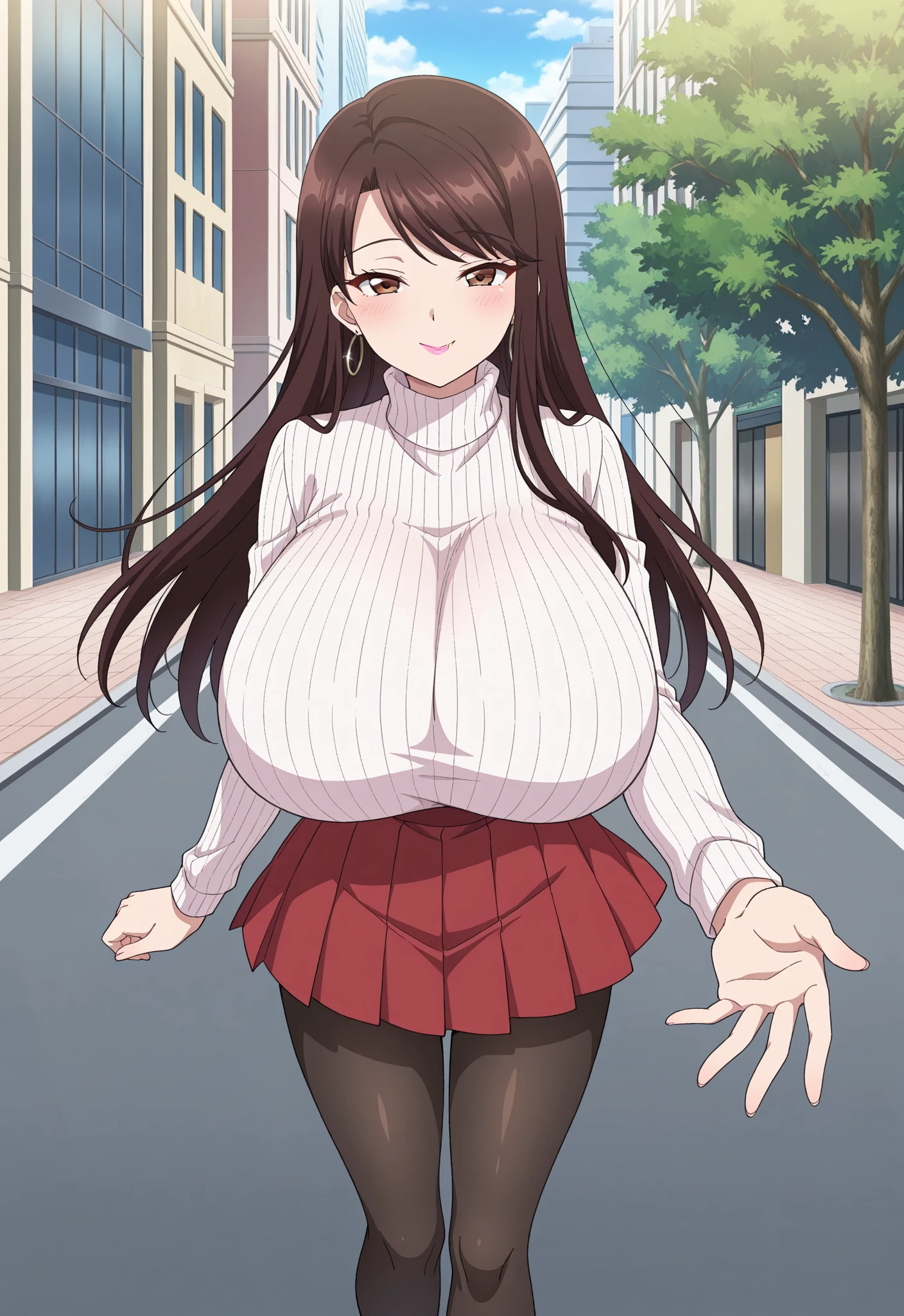 1 hot girl, dark hair, dark grey eyes, grin, gorgeous, kirigaya suguha, long hair, hairclip, sweater dress, sleeveless, bare legs, huge breasts