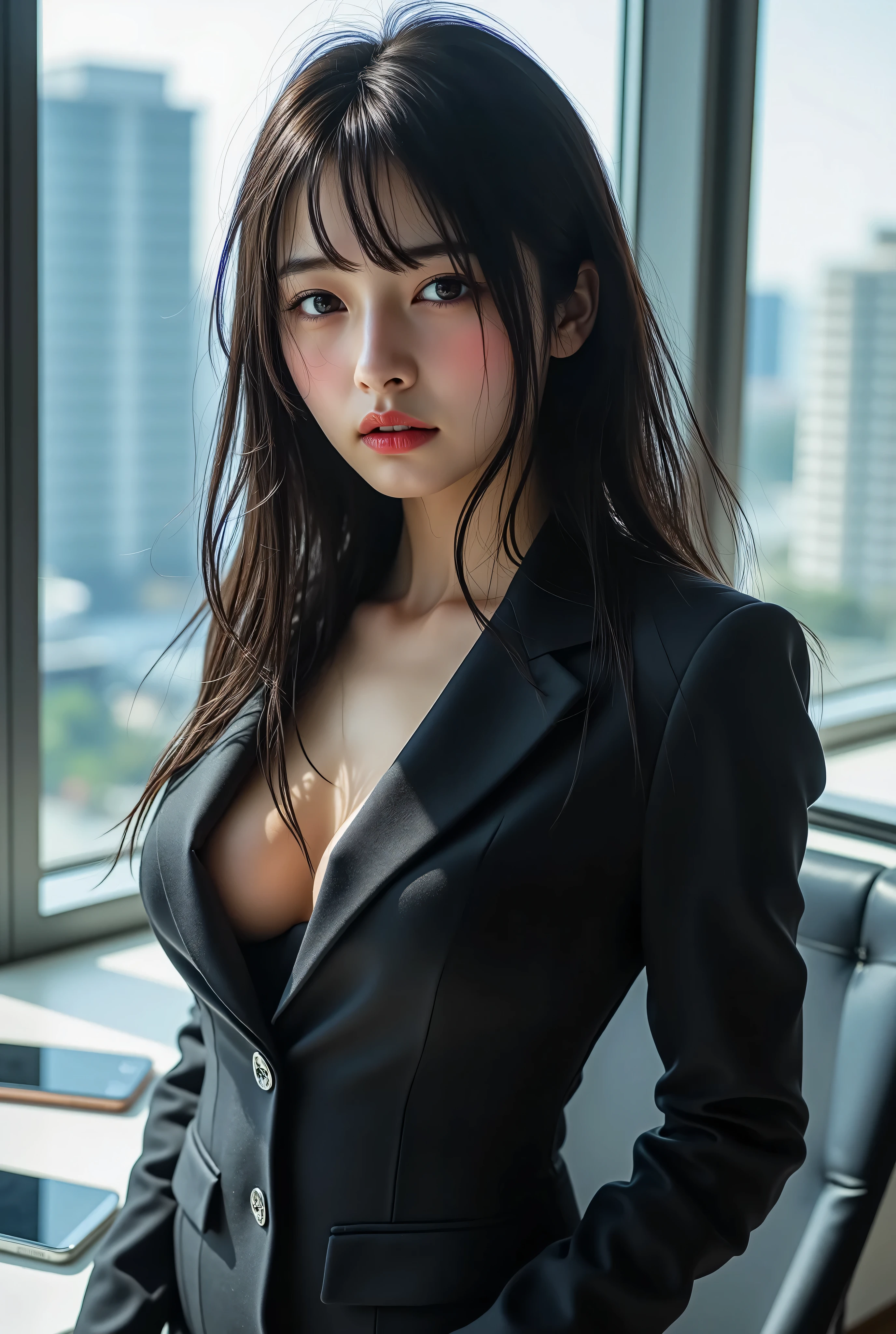 (Photoreal Stick:1.5, masutepiece:1.5, 8K), (top-quality, masterpiece, 超A high resolution), Perfect dynamic composition, Professional camera work:1.4, Highly detailed skin and facial texture:1.3, Mystical portrait:1.3, Grow Light Effect, The ultra-detailliert, 1girl in, ((Night view from inside the building, Please turn off the lights in the room, Dark atmosphere, The moonlight at night shines through the glass)), (V-neck shirt:0.8, black tailored suit suit jacket), Model body type, Clear face, Detailed hand, Beautiful and detailed eyes, (Enraptured look:0.8, i love you completely:0.8), A mouthfeel that feels beautiful eros, Dark brown medium hair, the chest is medium, a necklace