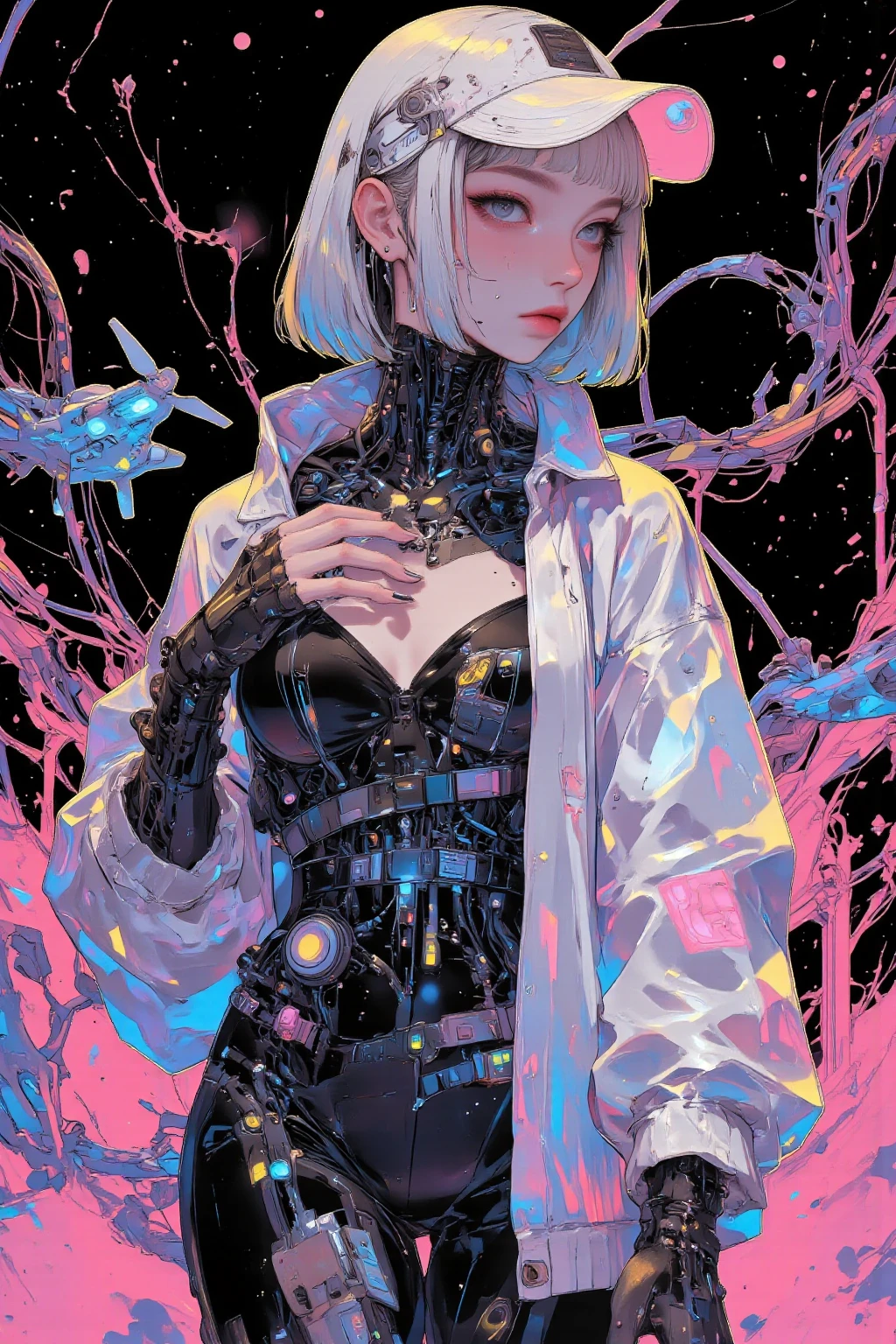 futuristic hacker female, Bob＋Mesh Color（Blue or Purple)effectively incorporate hairpins in an asymmetrical hairstyle,wear a futuristic jacket with fluorescent lines,cyber goggles and ear-hook device,  I wear headphones around my neck  ,Easy to move shorts, pure white skin,keyboard pattern tie and cord pattern gloves that hide fingerprints,Bring a laptop、Hacks,USB memory type charms and accessories at the waist,drone support robot partner,
black、 neon blue、Purple 、Use silver a lot,pink and fluorescent green accent colors create a strong futuristic atmosphere in vector art style,virtual space background with digital code flowing through cyberspace, High Contrast Illustration  ,   vector style drawing  ,猫の足跡🐾のイヤリング ,  vector artwork  ,  vector illustration  ,    vector style drawing   ,  High Contrast Illustration  , in style of   pocket digital illustration ,  High Quality Work ,hacker woman in white hat wearing lots of silver clothes ,   vector art,   pocket digital illustration,  contemporary art illustration  , Digital Art Illustration, profile artwork,